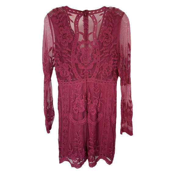 Honey Punch Women's Lace Dress Long Sleeve Lined Deep V-Neck Size M Pink - Picture 2 of 9